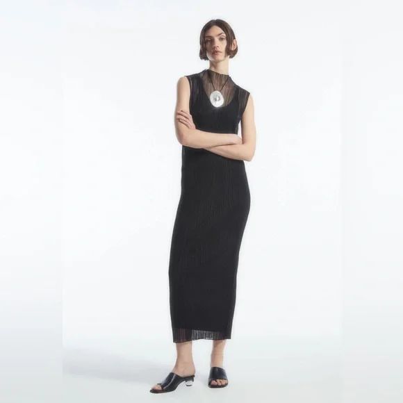 COS Sheer Plissé Midi Dress (Black) Size Large - Picture 1 of 9